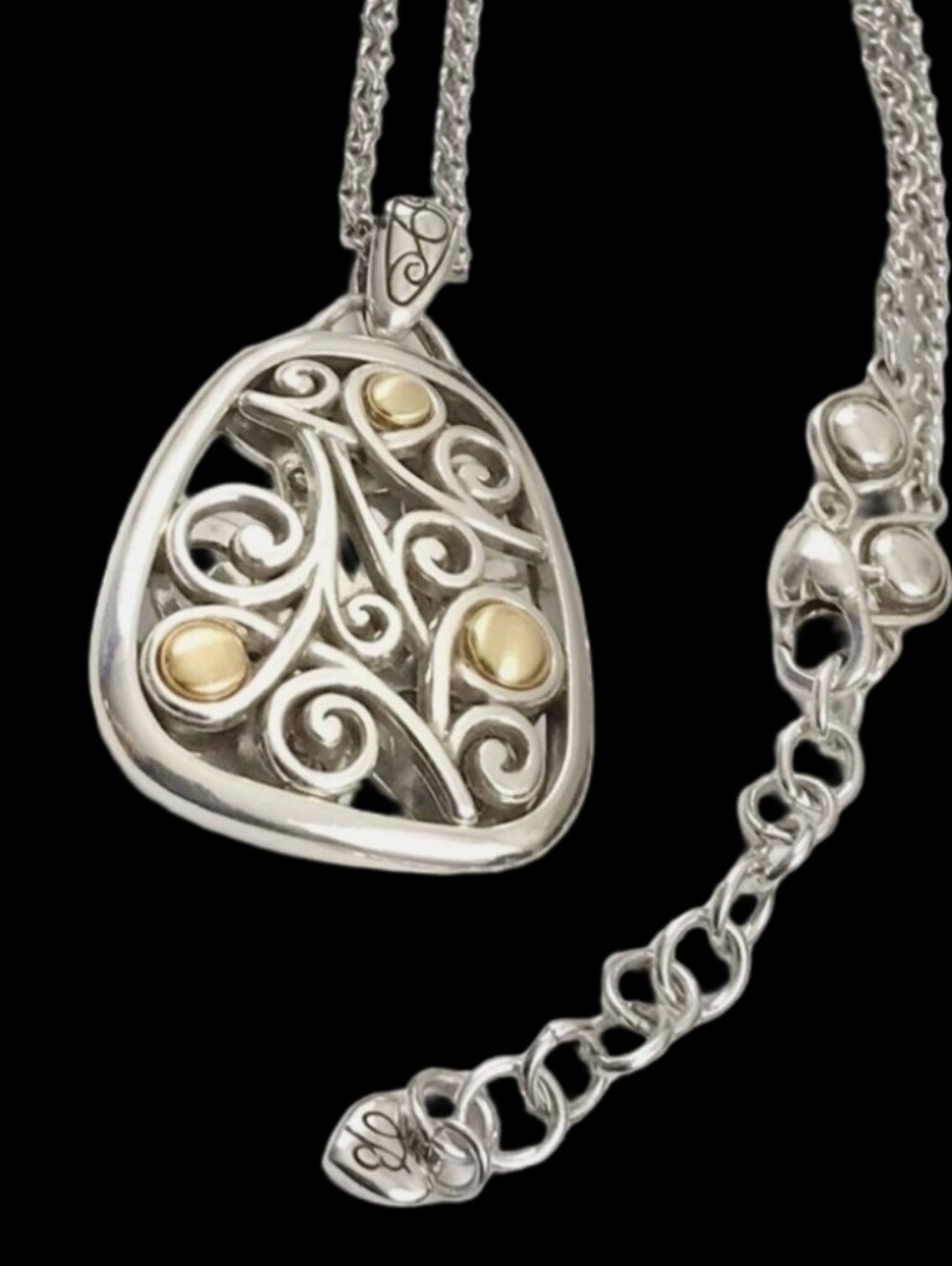 Brighton Two Tone Silver Gold Scroll Filigree Triangle Pendant Necklace